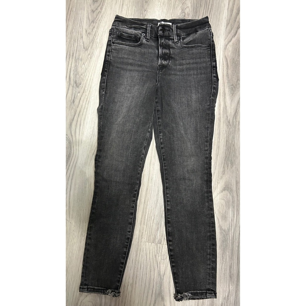 Good American High Rise Skinny Jeans‎ Washed Black Denim Size 2 26 Distressed